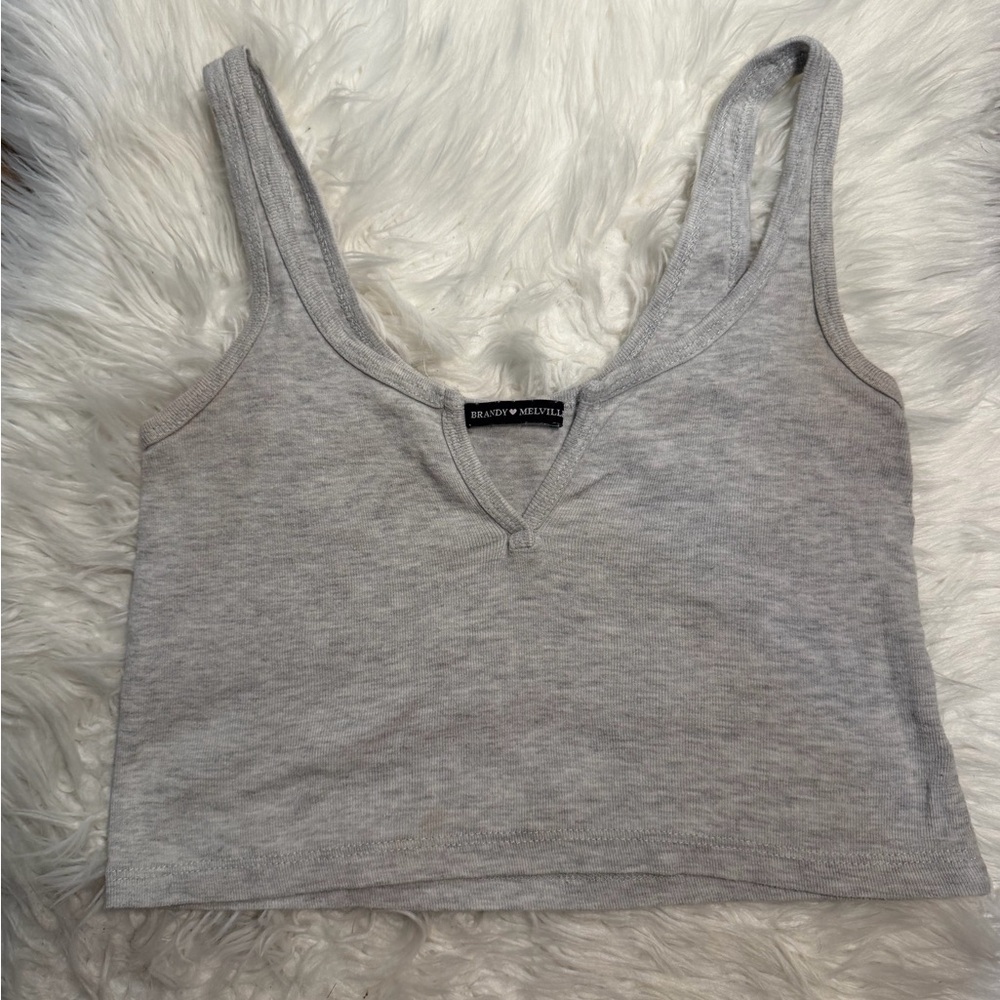 Brandy Melville Gray Ribbed V Neck Tank Crop Top One Size XS S Soft Basic
